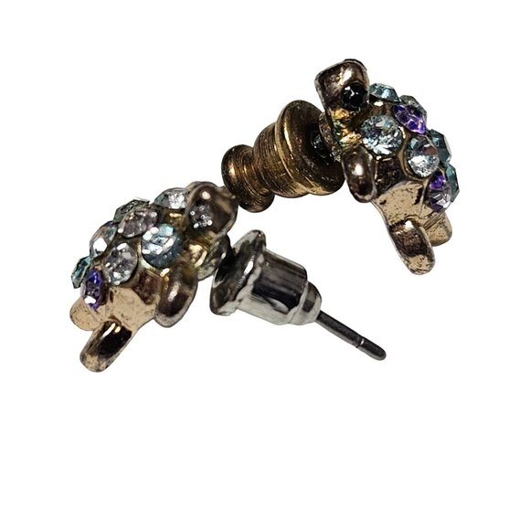 Gem Turtle Gold Tone Stud Earrings Purple Blue Clear Rhinestone Tortoise Jewelry - Picture 3 of 6